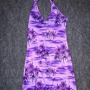 Y2K purple tropical halter mini dress palm tree print Spoiled Girl Vintage